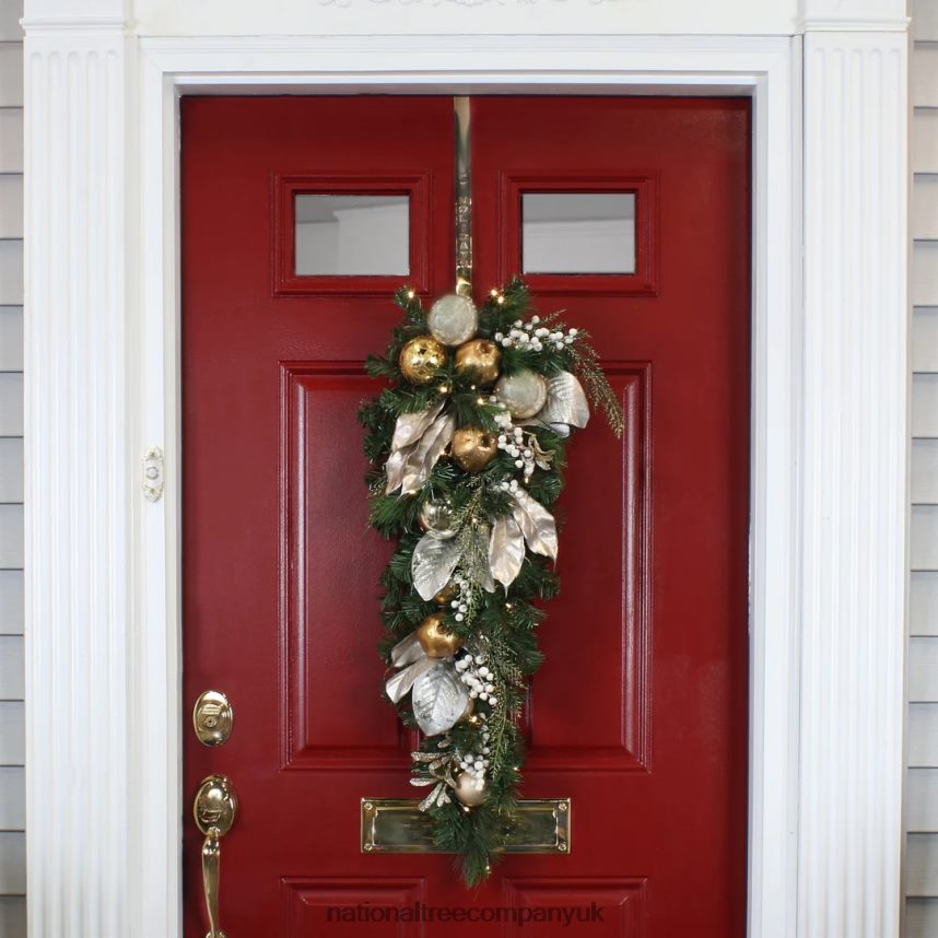 Greenery | National Tree Company Pre-Lit Artificial Christmas Swag Yuletide Glam Gold Decorated Teardrop with Warm White LED Lights Battery Powered 36 in F2L4F507